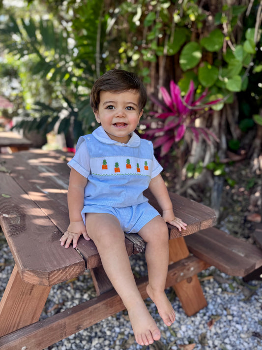 Blue Gingham Carrots Smocked Overall