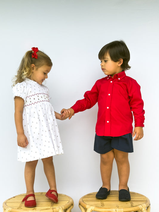 F14-25-1 White and Red Flower Smocked Dress