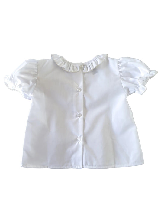 White/Ecru Trim Ruffle Button Blouse