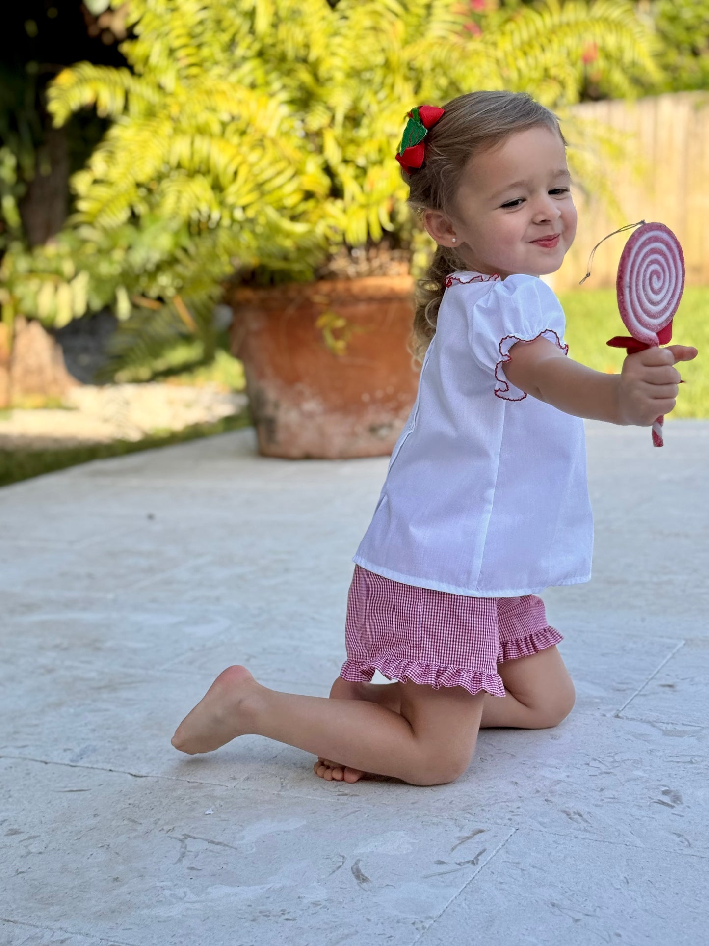 White/Red Trim Ruffle Button Blouse