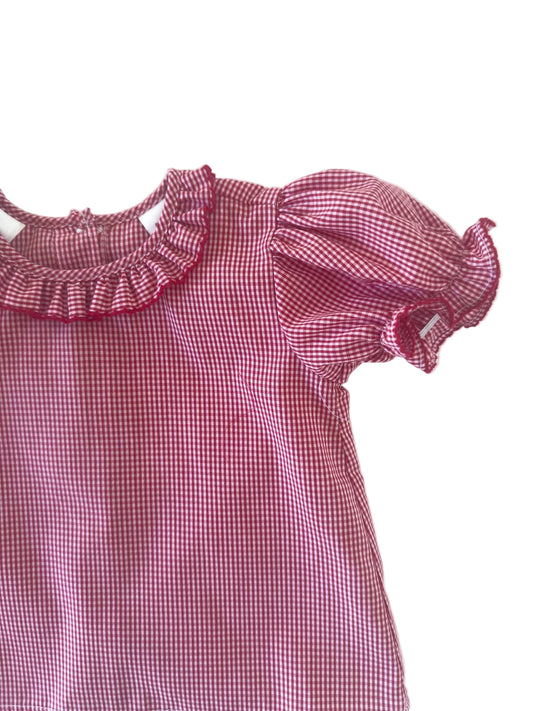 Red Gingham Ruffle Button Blouse