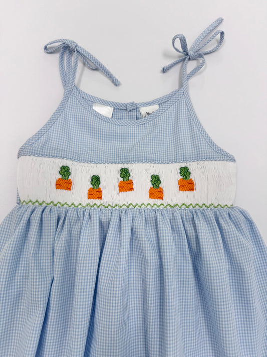 Blue Gingham Carrots Smocked Dress