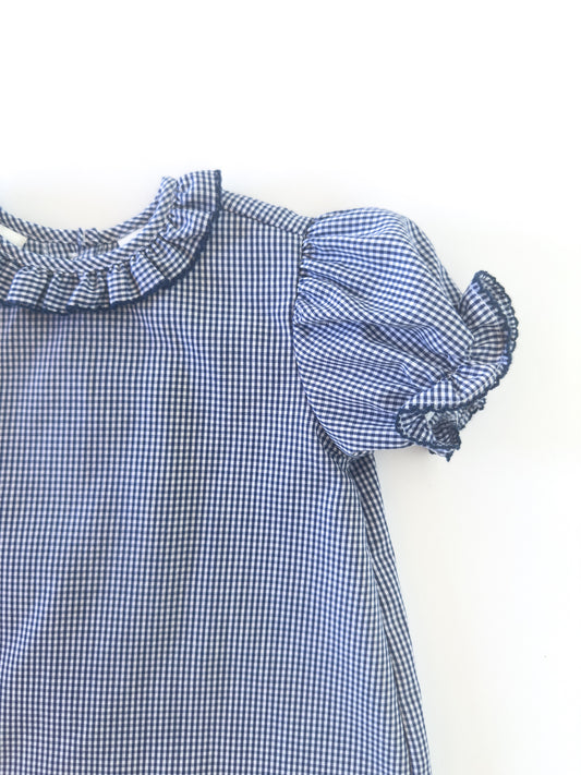 Blue Gingham Ruffle Button Blouse