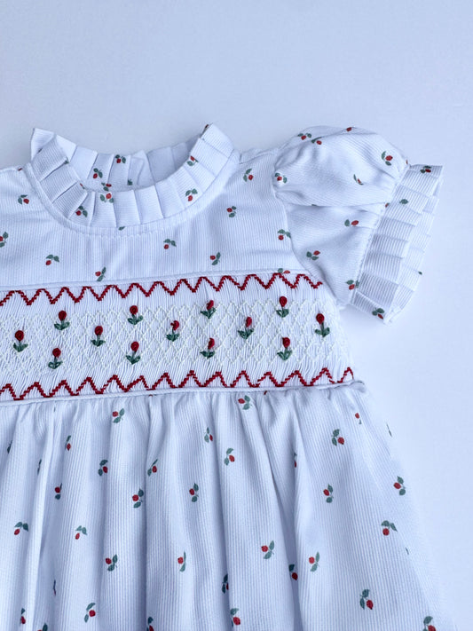 F14-25-2 White and Red Flower Smocked Romper