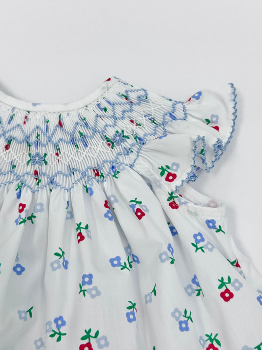 Blue Impatiens Smocked Bishop Bloomer Set