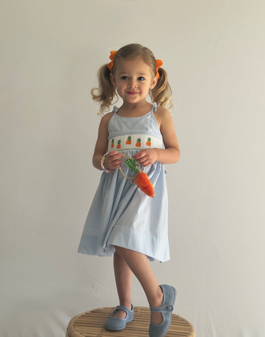 Blue Gingham Carrots Smocked Dress