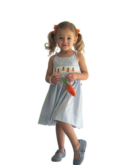 Blue Gingham Carrots Smocked Dress