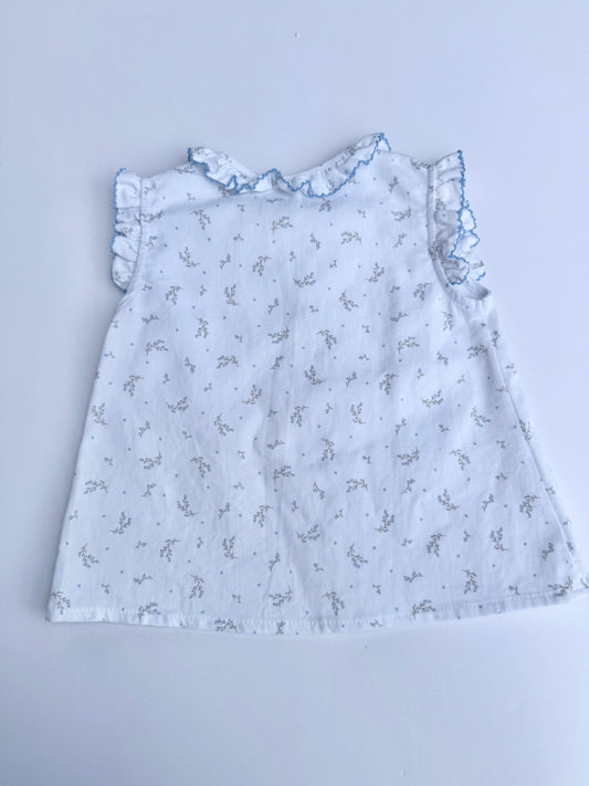 White Pique Blue Flowers Blouse