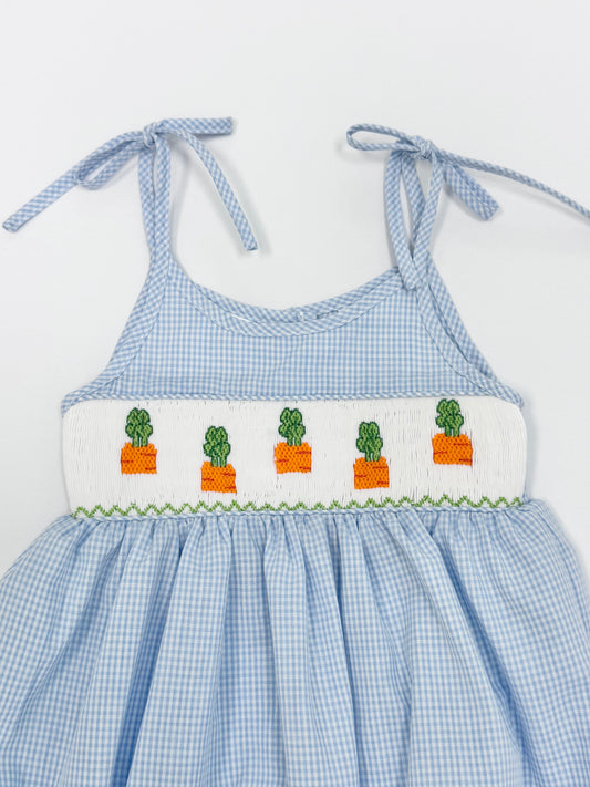 Blue Gingham Carrots Smocked Romper