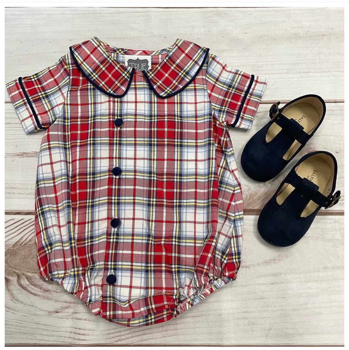 7163 Red Plaid Romper 12M