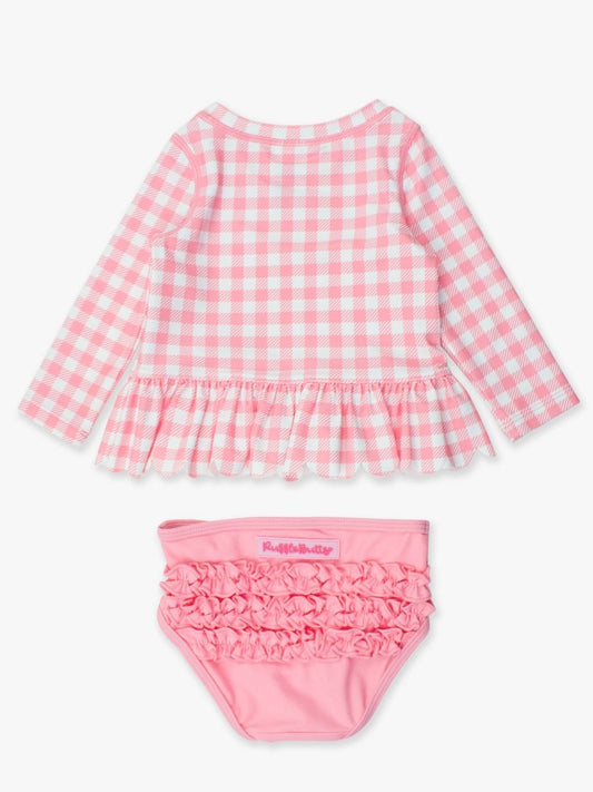Bubblegum Pink Gingham Scallop Long Sleeve Rashguard 2 Piece