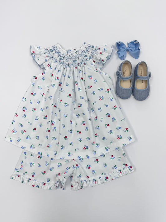 Blue Impatiens Smocked Bishop Shorts Set