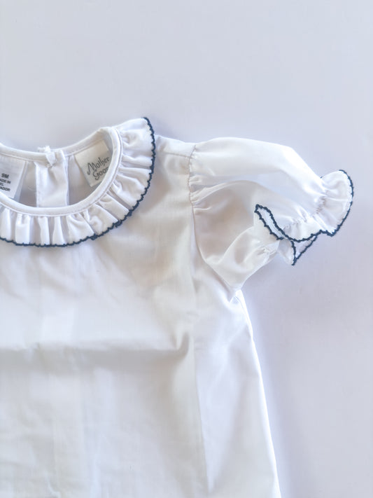 White/Navy Trim Ruffle Button Blouse