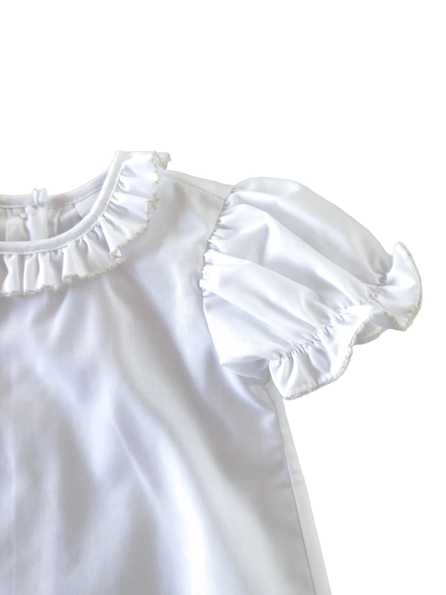 White/Ecru Trim Ruffle Button Blouse