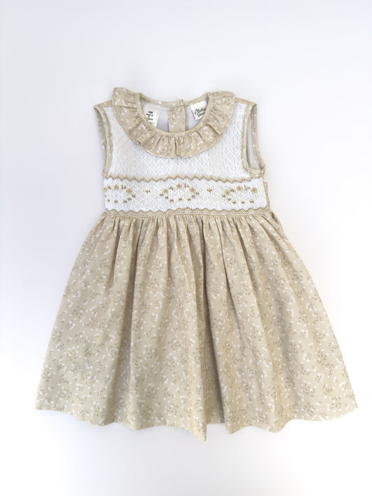 Beige Flowers Smocked Dress