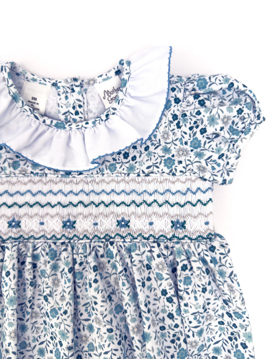 FH08-25-1 Teal Flowers Smocked Romper