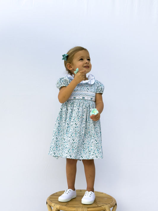 FH08-25-2 Teal Flowers Smocked Dress