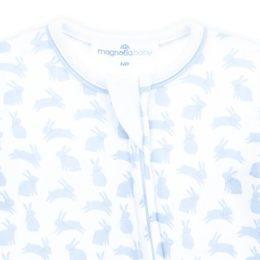 Light Blue Leaping Bunnies Print Zip Footie