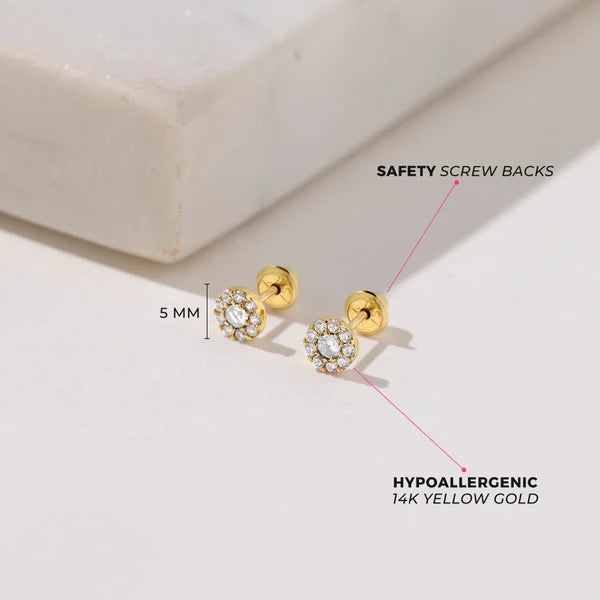 14K Gold Round CZ Burst Earrings