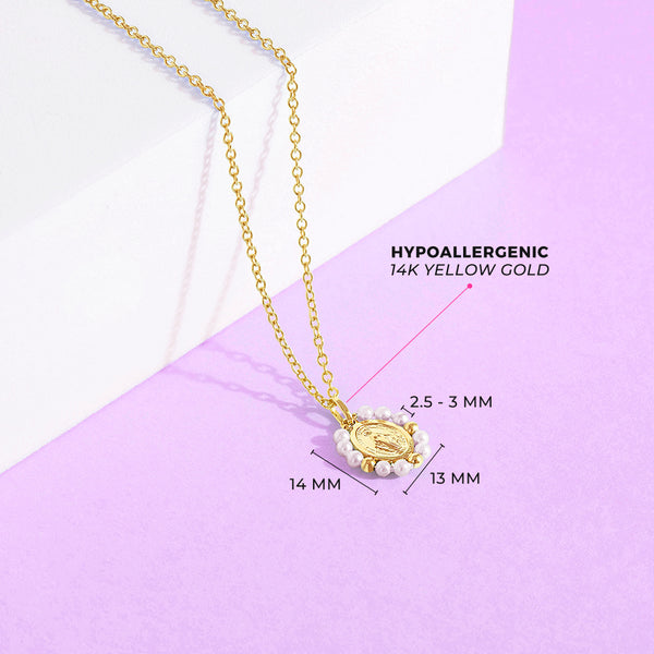 14K Gold Miraculous Virgin Mary Shell Pearl Pendant Necklace