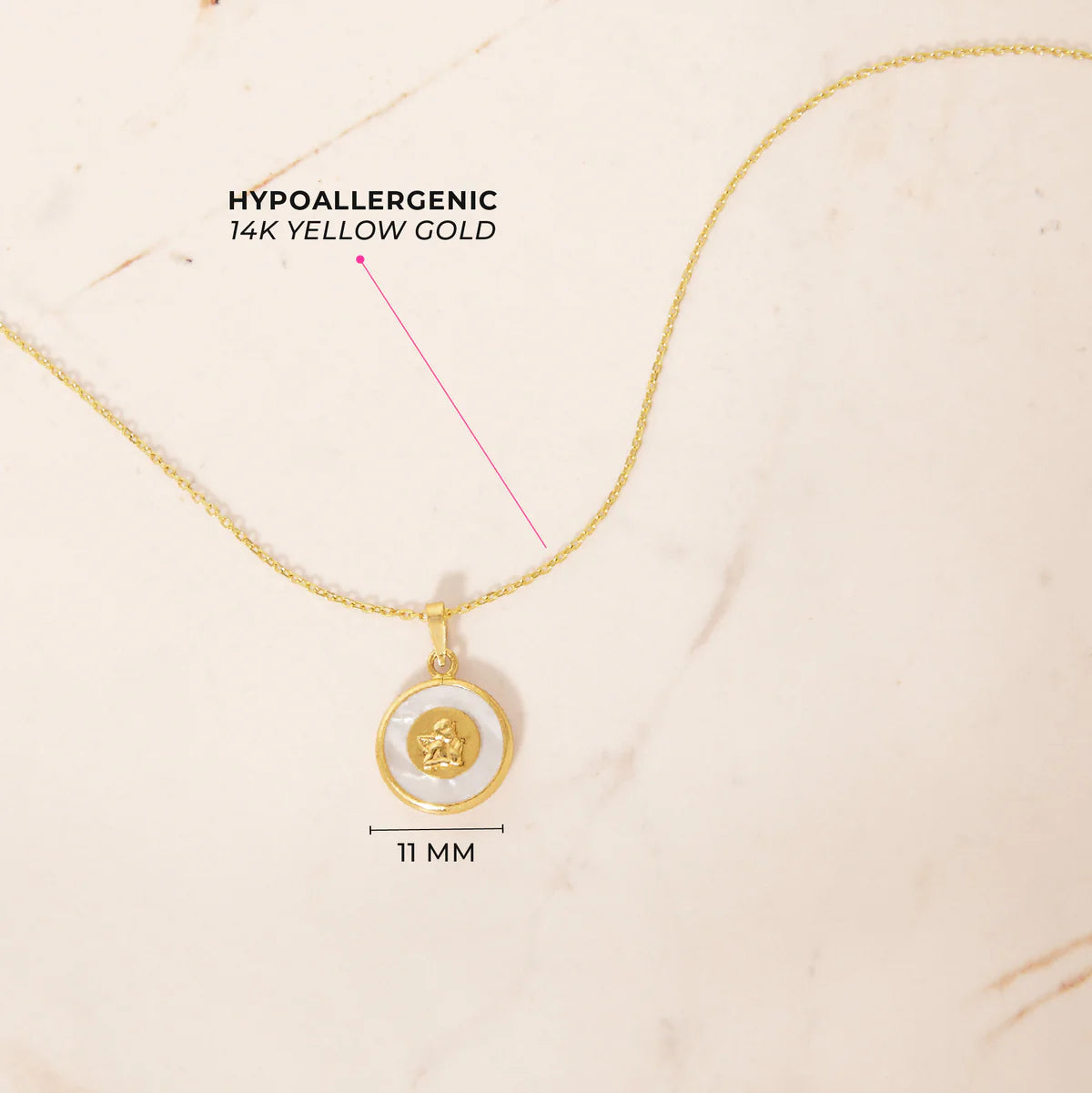 14K Gold Guardian Angel Medal Mother of Pearl Necklace