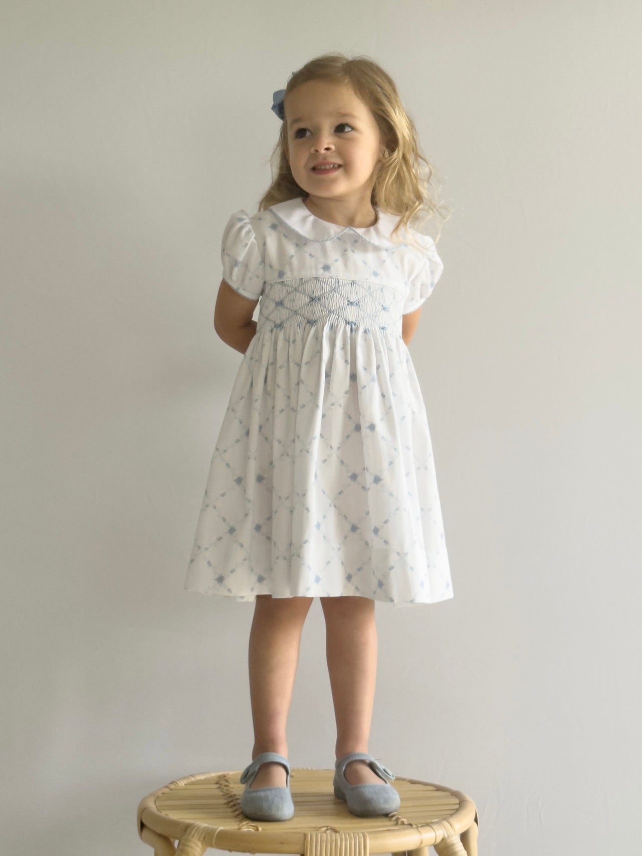 French Blue Lattice Smocked Dress