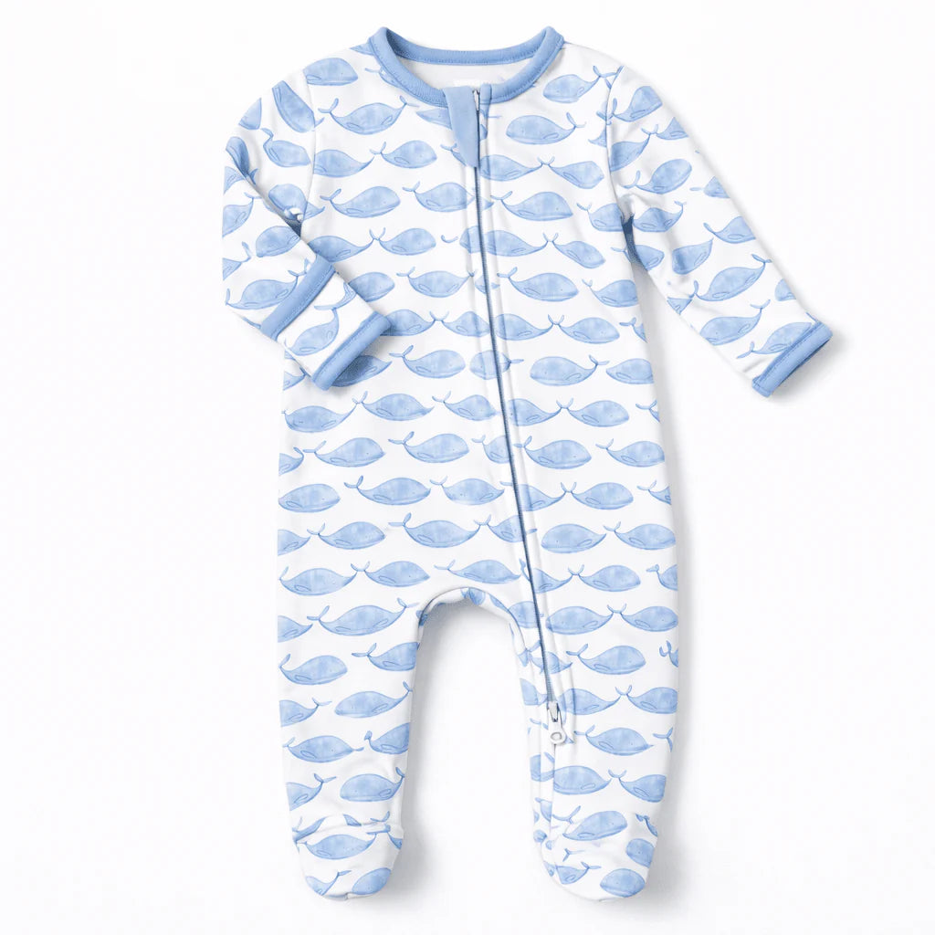 Azure Whales Print Blue Zip Footie