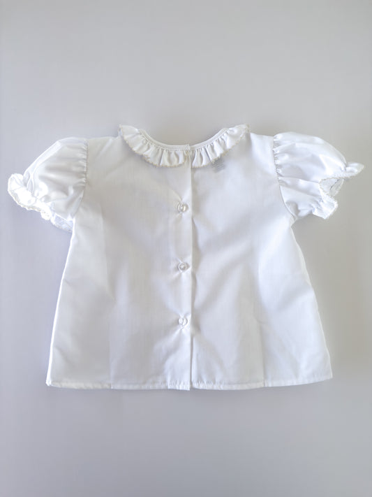 White/Ecru Trim Ruffle Button Blouse