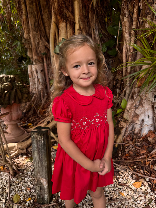 Red Pique Millefleurs Smocked Dress