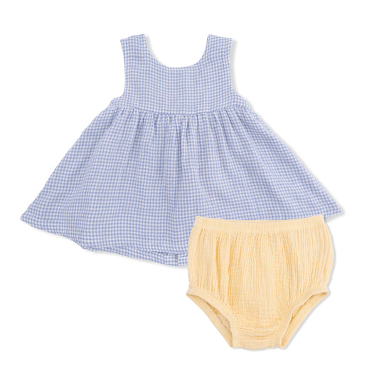 Micro Gingham Blue Blizzard - Dress with Bow and Bloomer