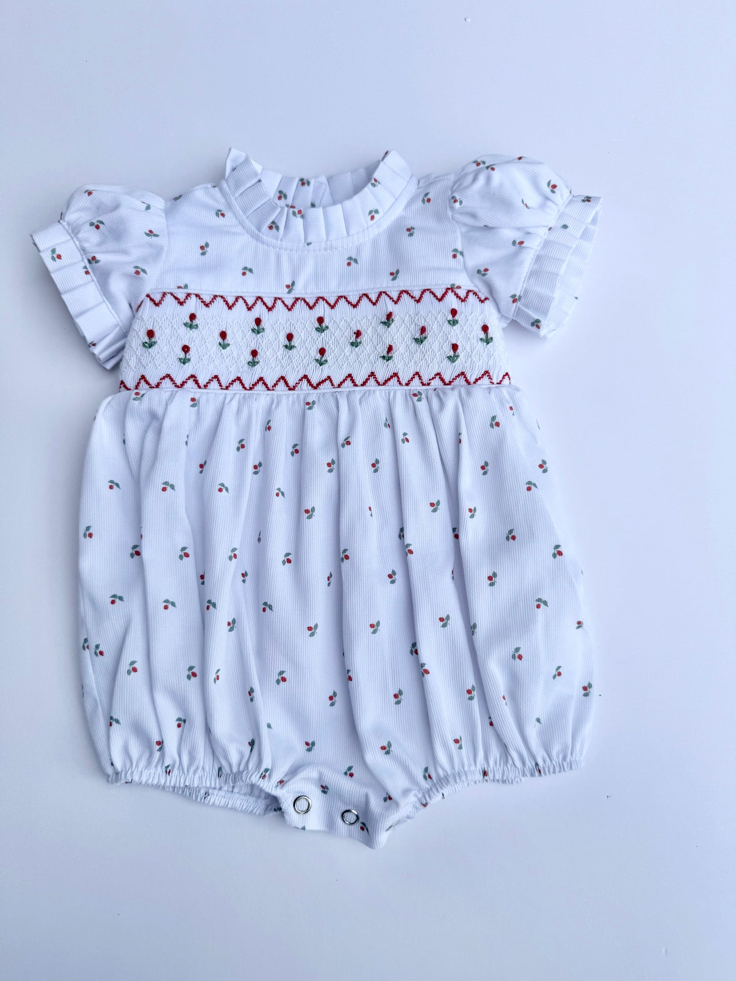 F14-25-2 White and Red Flower Smocked Romper