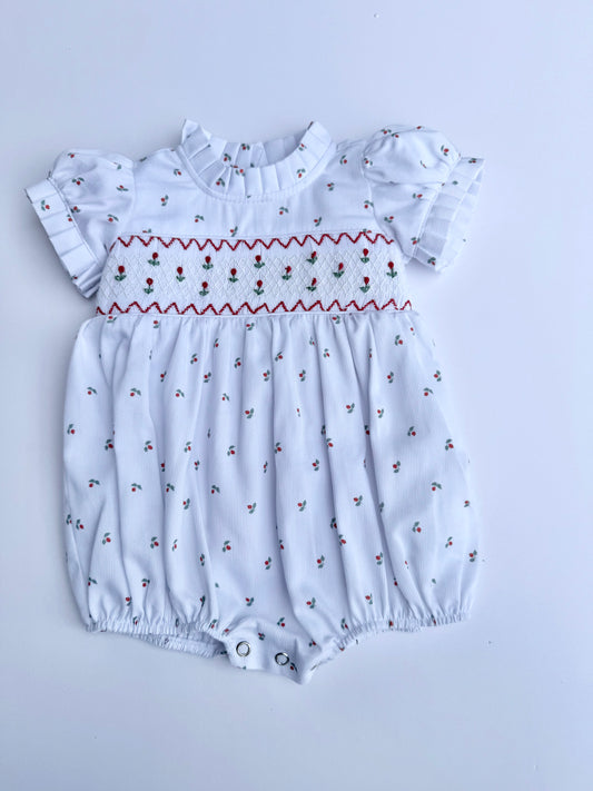 F14-25-2 White and Red Flower Smocked Romper
