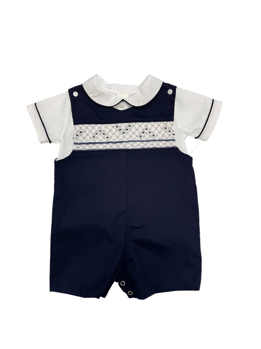 Navy Pique Grey Smocked Overall