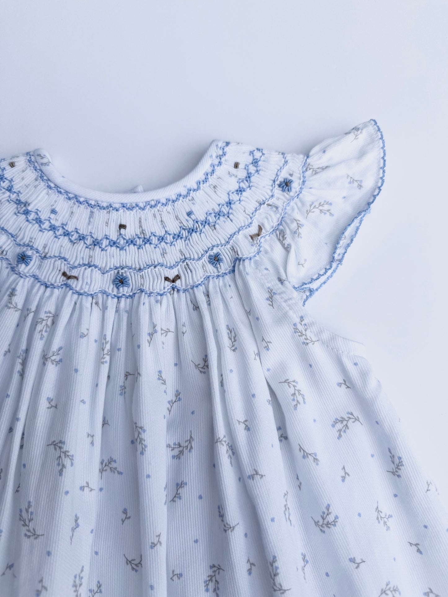 F16-25-2 White Pique & Blue Flowers Bishop Dress