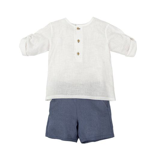 Claror White Navy Linen Shorts Set 40427