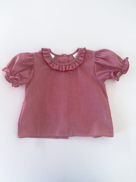 Red Gingham Ruffle Button Blouse