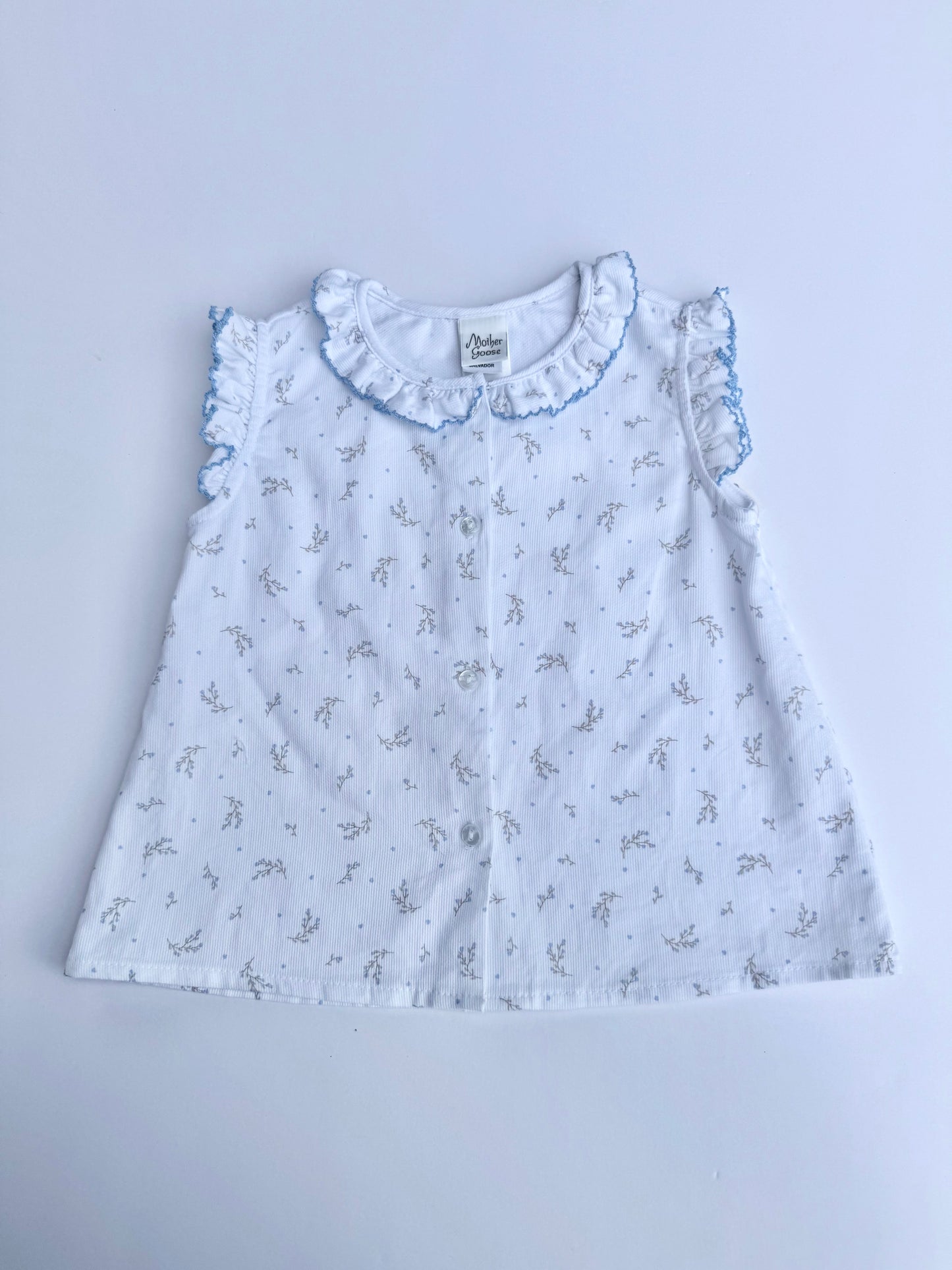 F16-25-3 White Pique Blue Flowers Blouse