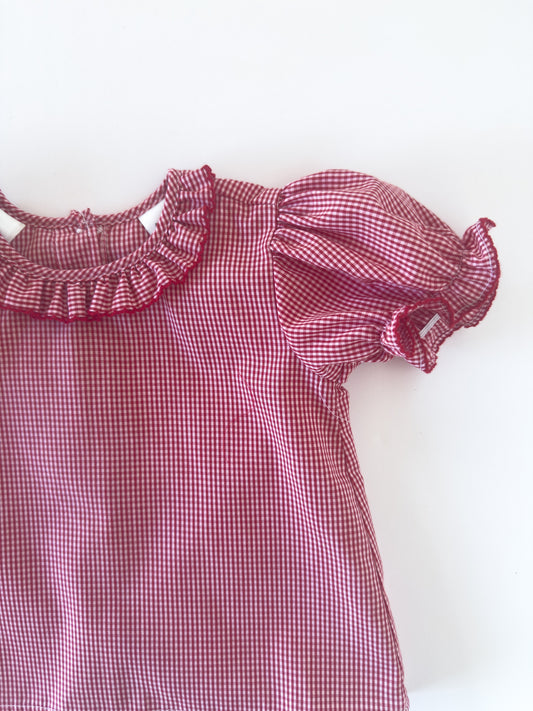 Red Gingham Ruffle Button Blouse