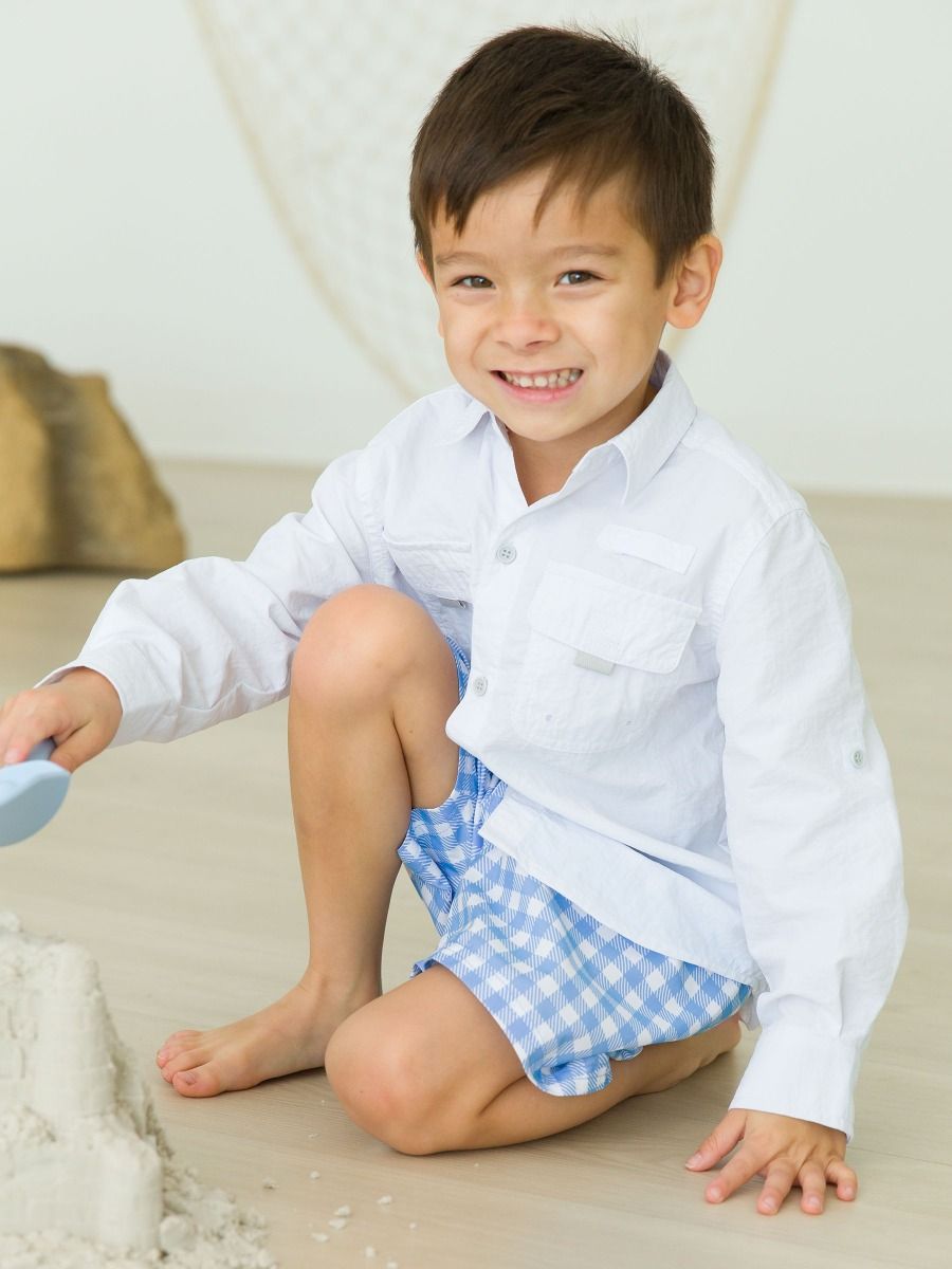 Periwinkle Blue Gingham Swim Trunks