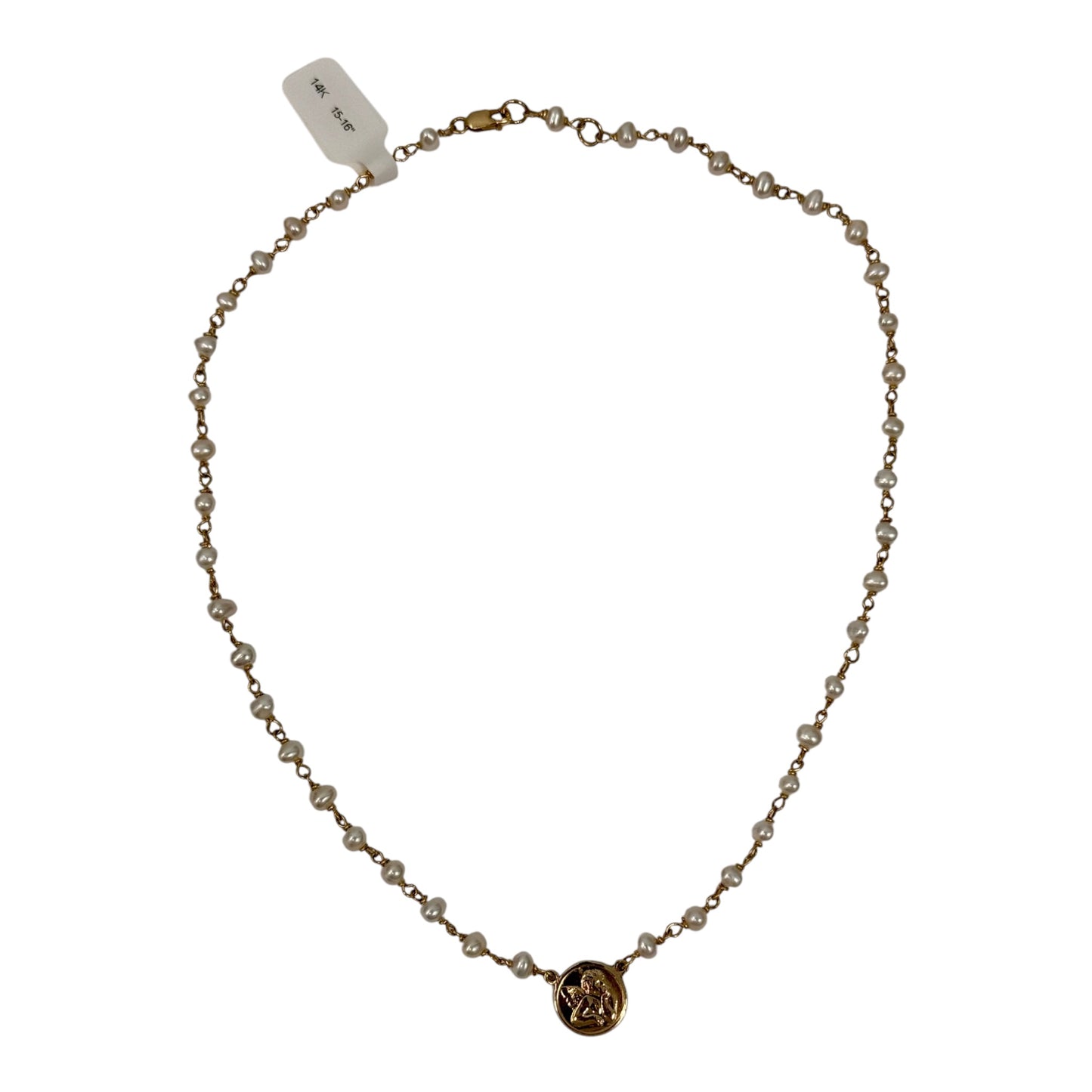14K Gold Pearl Necklace with Guardian Angel Medal