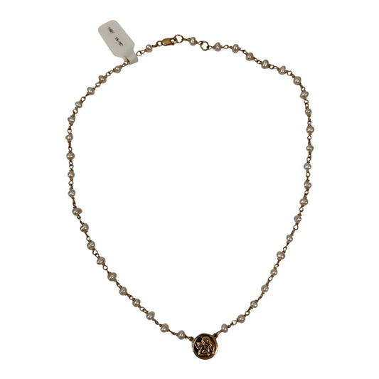 14K Gold Pearl Necklace with Guardian Angel Medal