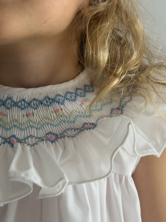 White & Blue Smocked Bishop Shorts Set