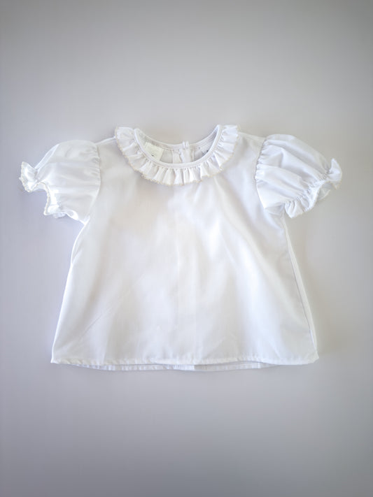 White/Ecru Trim Ruffle Button Blouse