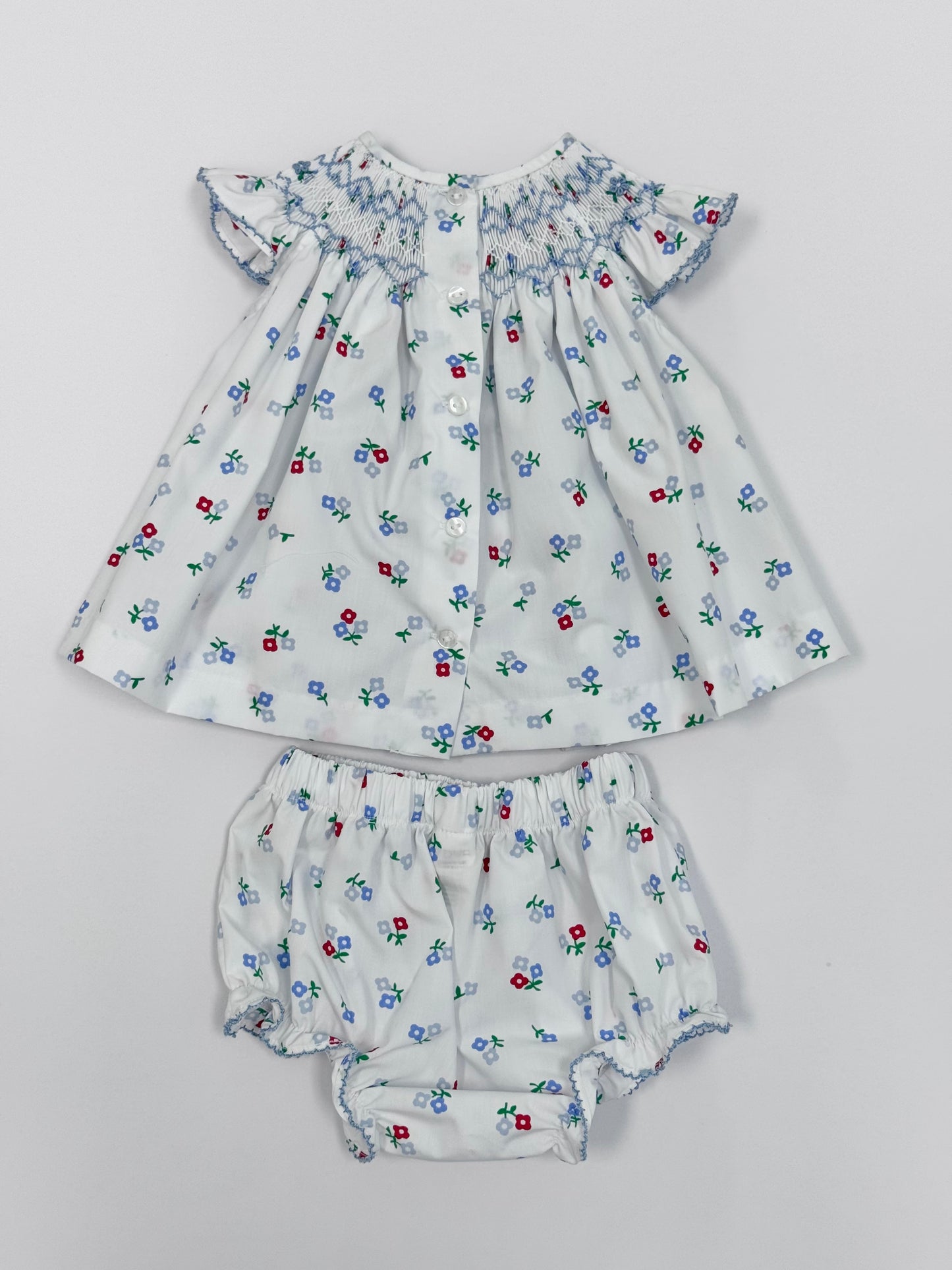 Blue Impatiens Smocked Bishop Bloomer Set