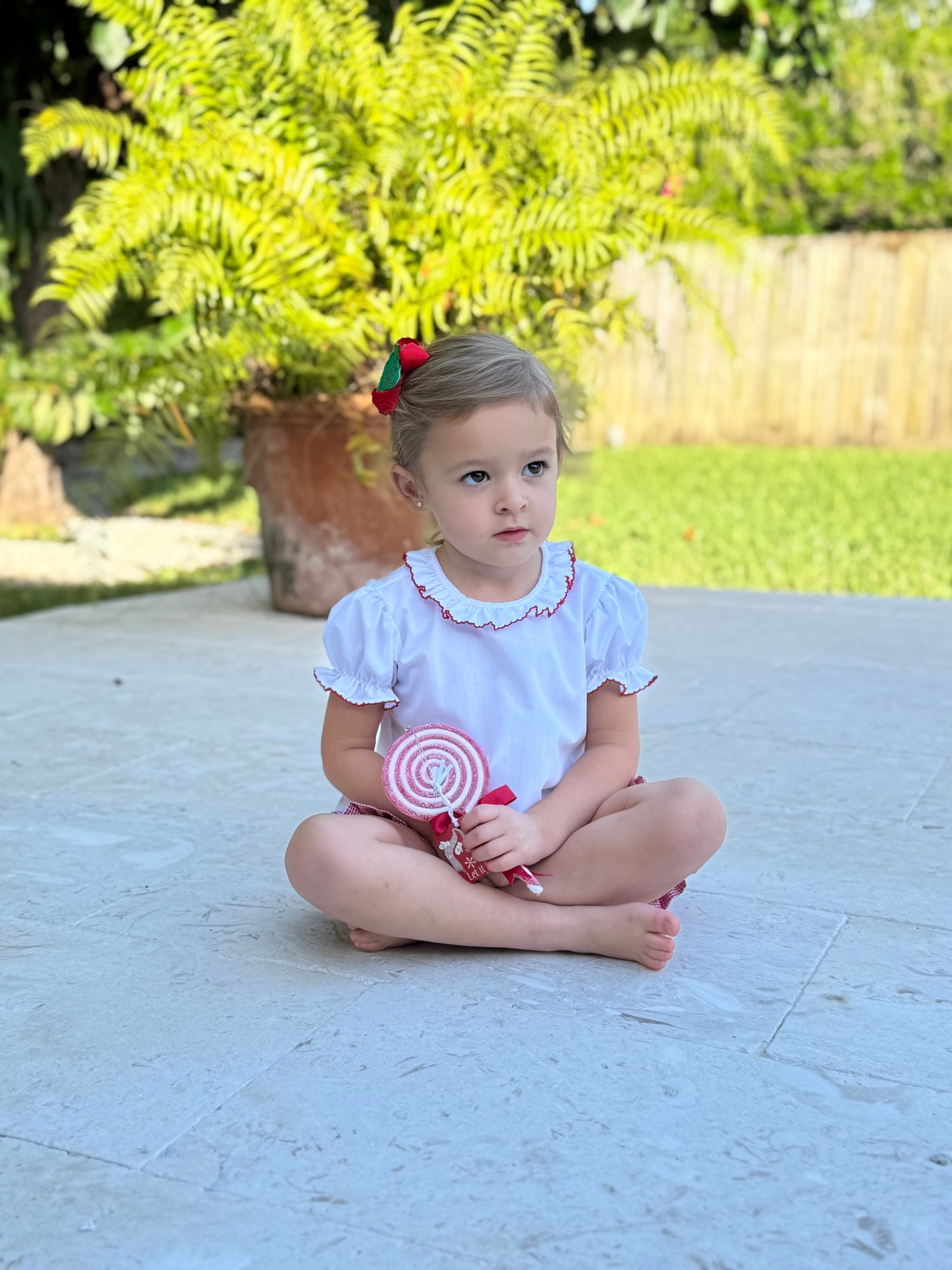 White/Red Trim Ruffle Button Blouse