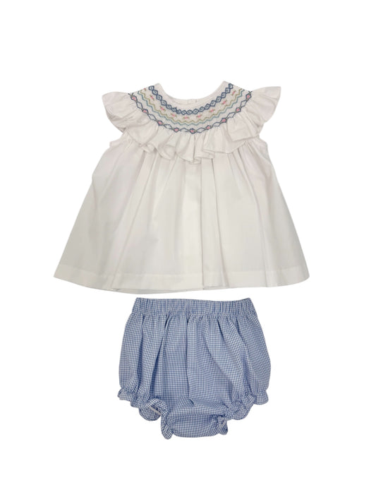 White & Blue Smocked Bishop Bloomer Set