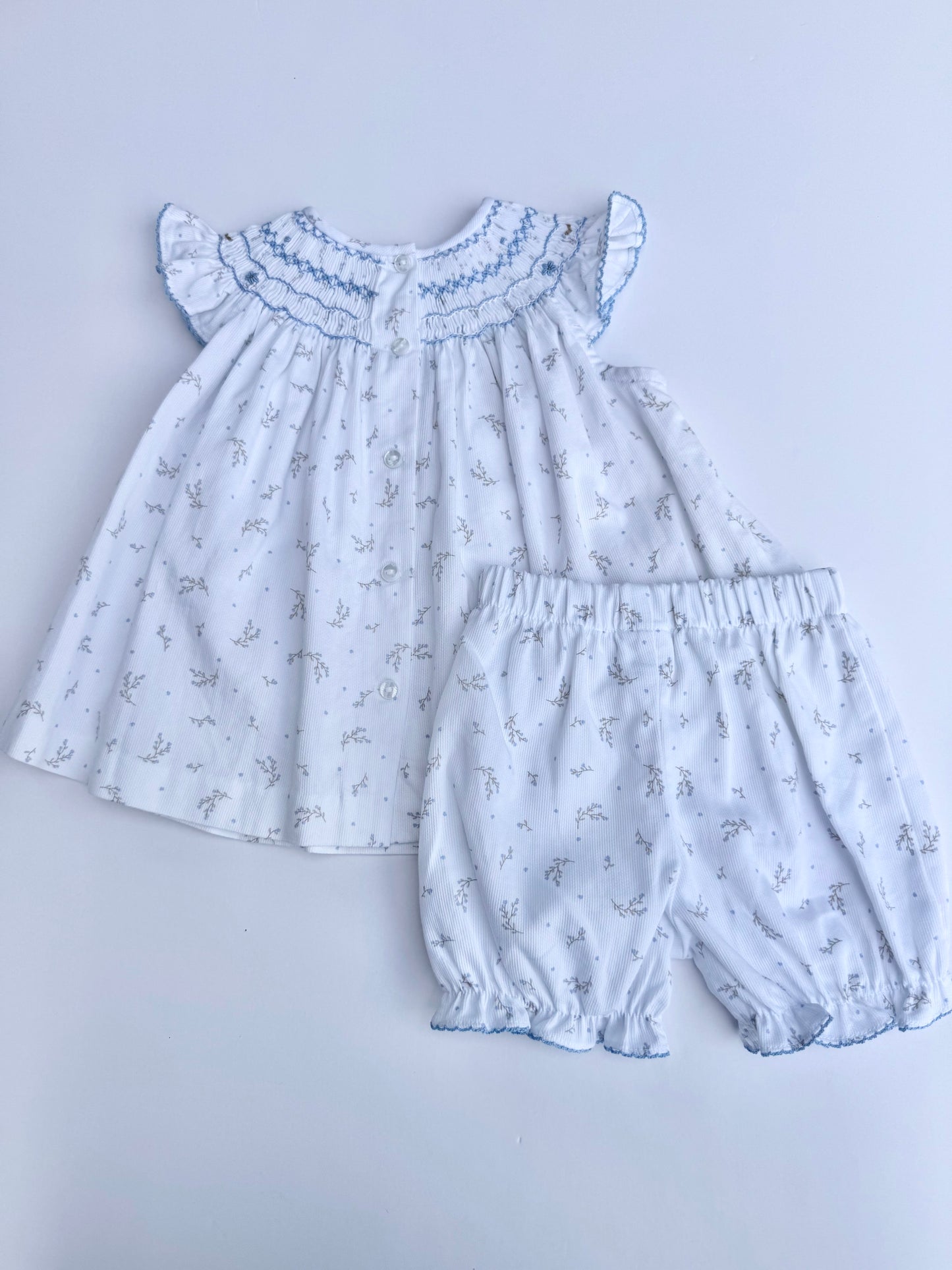 F16-25-1 White Pique & Blue Flowers Bishop Set