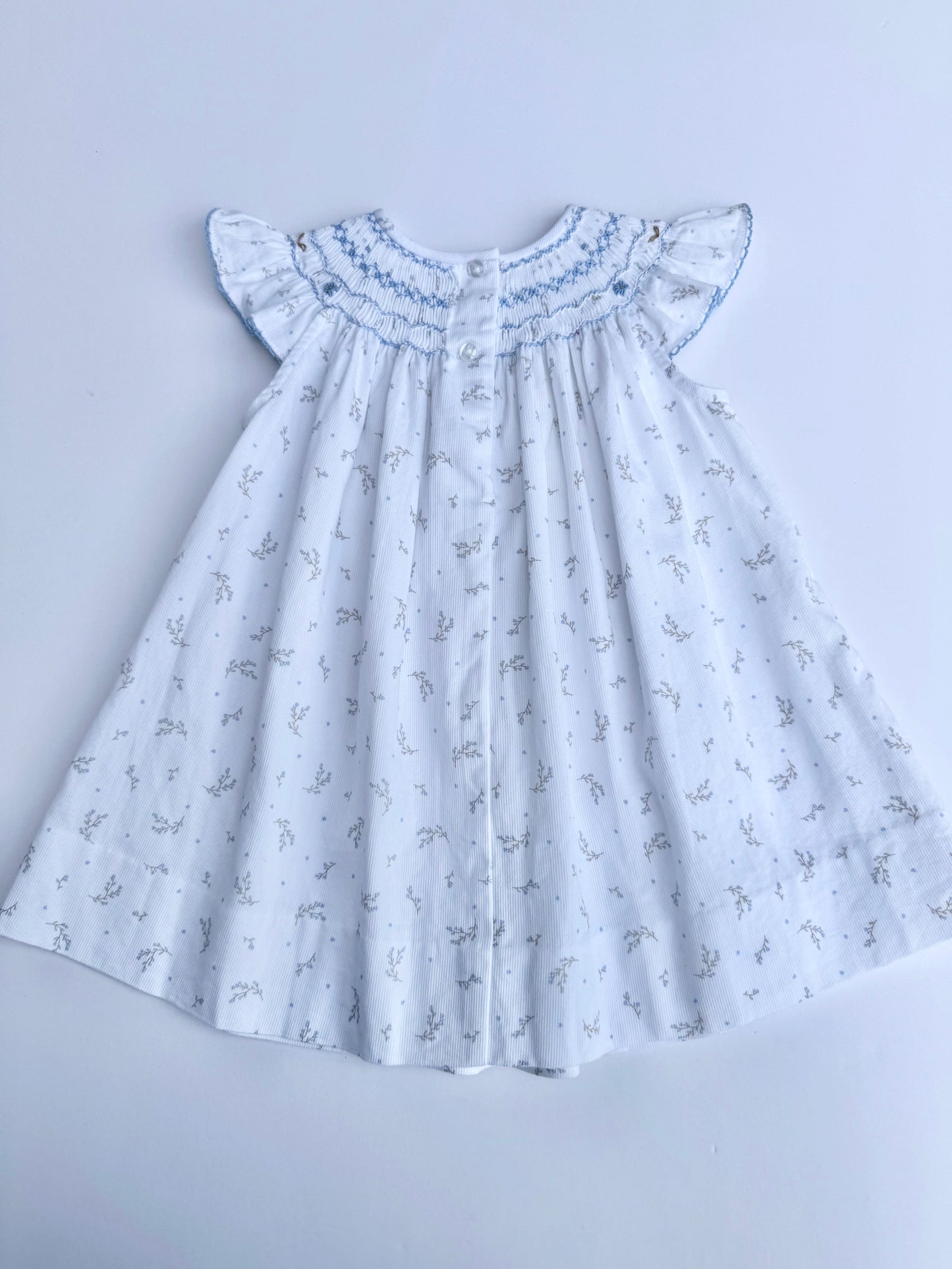 F16-25-2 White Pique & Blue Flowers Bishop Dress