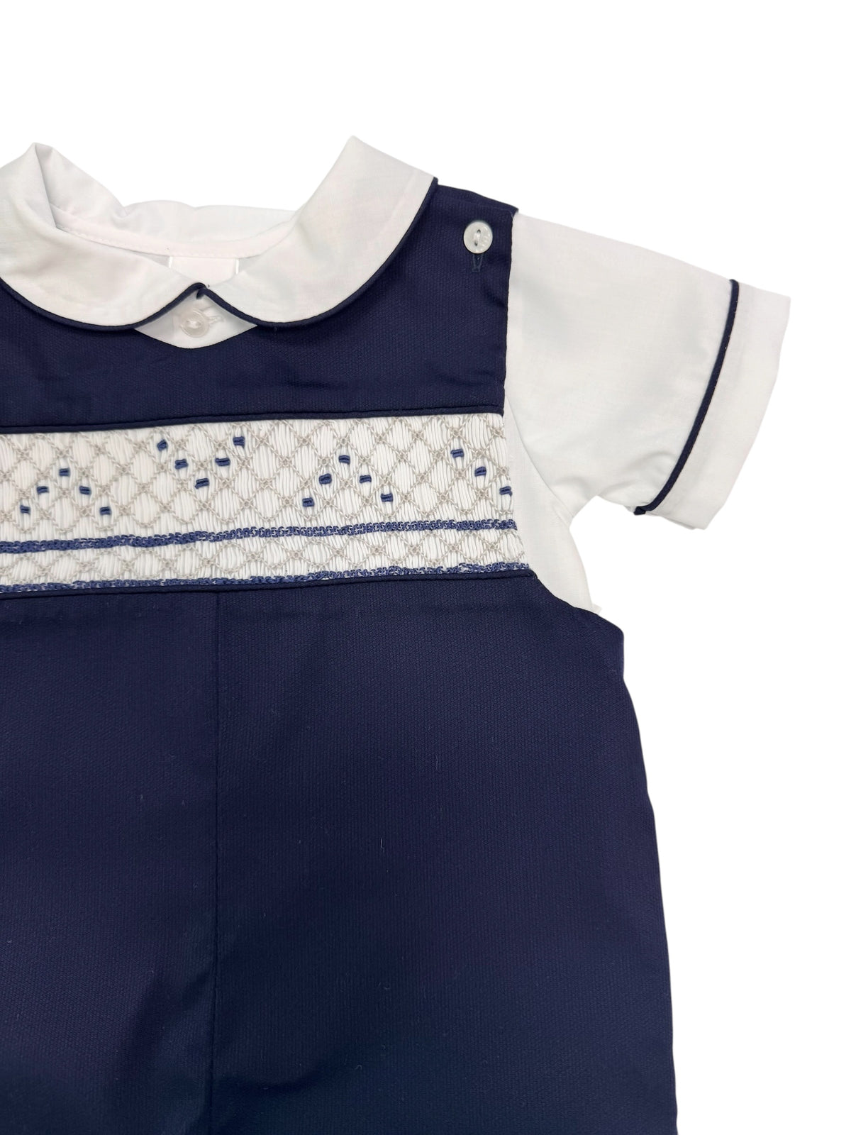 Navy Pique Grey Smocked Overall