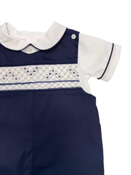 Navy Pique Grey Smocked Overall